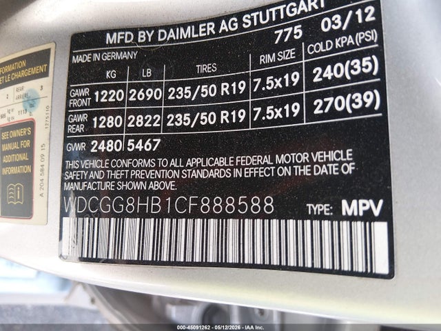 45091262 :رقم المزاد ، WDCGG8HB1CF888588 vin ، 2012 Mercedes-benz Glk 350 4matic مزاد بيع
