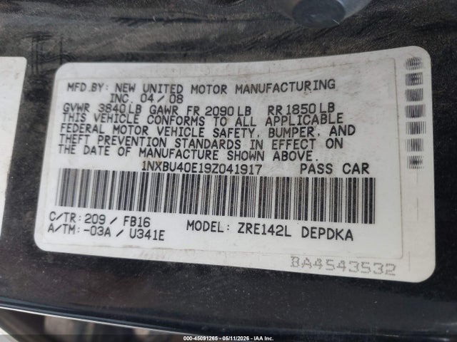 Aukcja sprzedaży 2009 Toyota Corolla Le, vin: 1NXBU40E19Z041917, numer aukcji: 45091265