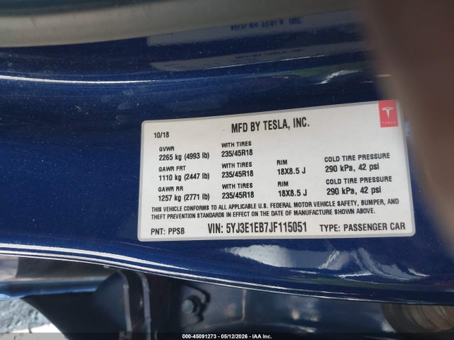 Продажа на аукционе авто 2018 Tesla Model 3 Long Range/performance, vin: 5YJ3E1EB7JF115051, номер лота: 45091273
