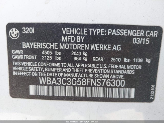 45091283 :رقم المزاد ، WBA3C3G58FNS76300 vin ، 2015 Bmw 320i Xdrive مزاد بيع