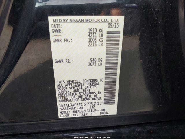Aukcja sprzedaży 2015 Nissan Altima 2.5 S, vin: 1N4AL3AP7FC575217, numer aukcji: 45091286