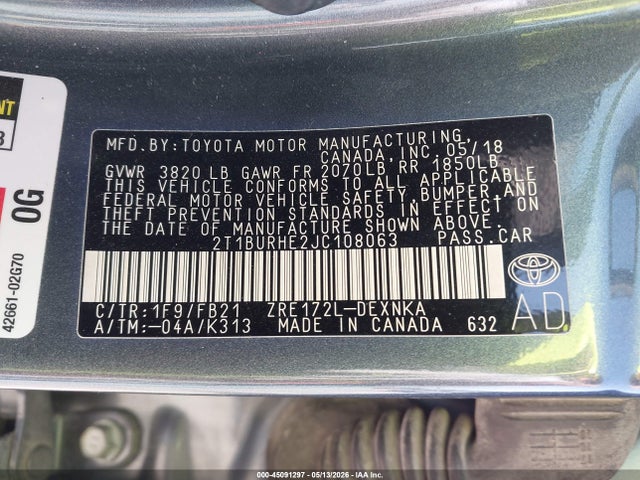 2018 Toyota Corolla Le მანქანა იყიდება აუქციონზე, vin: 2T1BURHE2JC108063, აუქციონის ნომერი: 45091297