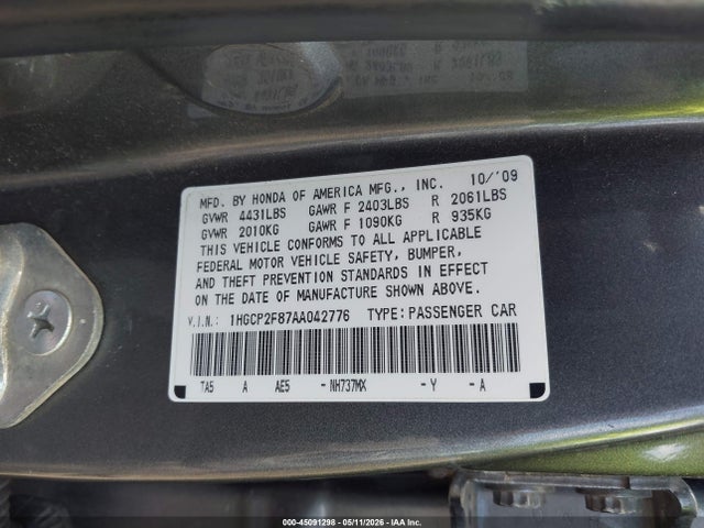 45091298 :رقم المزاد ، 1HGCP2F87AA042776 vin ، 2010 Honda Accord 2.4 Ex-l مزاد بيع