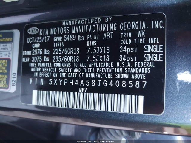 2018 Kia Sorento 3.3l Ex მანქანა იყიდება აუქციონზე, vin: 5XYPH4A58JG408587, აუქციონის ნომერი: 45091300