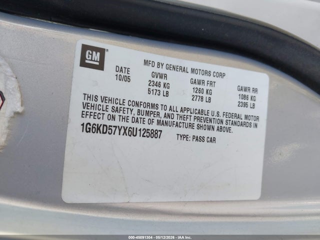 2006 Cadillac Dts Standard მანქანა იყიდება აუქციონზე, vin: 1G6KD57YX6U125887, აუქციონის ნომერი: 45091304