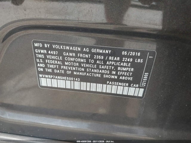 Aukcja sprzedaży 2017 Volkswagen Cc 2.0t Sport, vin: WVWRP7AN5HE500143, numer aukcji: 45091306