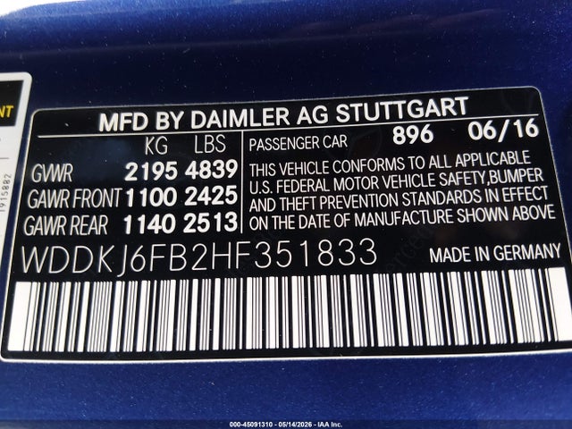 2017 Mercedes-benz E 400 მანქანა იყიდება აუქციონზე, vin: WDDKJ6FB2HF351833, აუქციონის ნომერი: 45091310