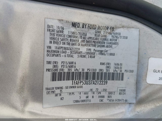 Aukcja sprzedaży 2007 Ford Taurus Se, vin: 1FAFP53U37A212239, numer aukcji: 45091317