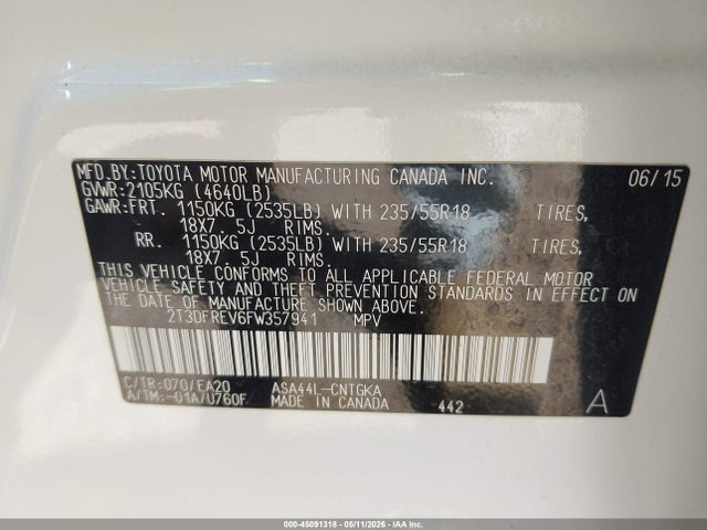 Продажа на аукционе авто 2015 Toyota Rav4 Limited, vin: 2T3DFREV6FW357941, номер лота: 45091318