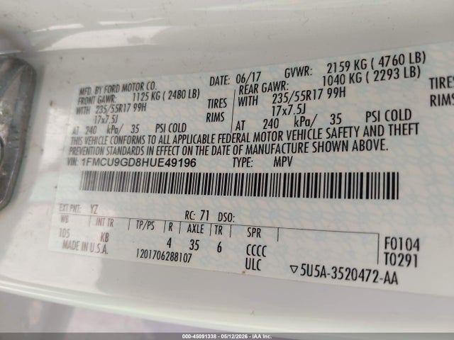 1FMCU9GD8HUE49196 Ford ESCAPE SE