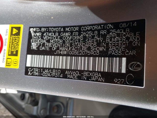 45091343 :رقم المزاد ، JTHBW1GG5E2075903 vin ، 2014 Lexus Es 300h مزاد بيع