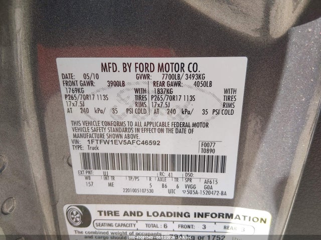 Aukcja sprzedaży 2010 Ford F-150 Fx4/harley-davidson/king Ranch/lariat/platinum/xl/xlt, vin: 1FTFW1EV5AFC46592, numer aukcji: 45091345