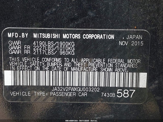Aukcja sprzedaży 2016 Mitsubishi Lancer Sel, vin: JA32V2FWXGU003202, numer aukcji: 45091353