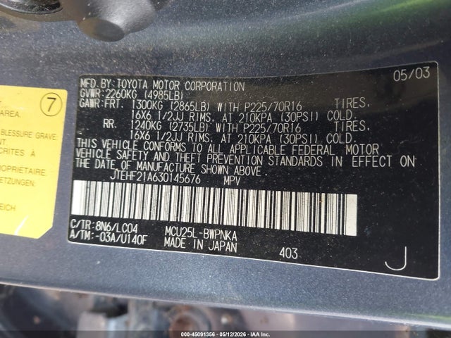 45091356 :رقم المزاد ، JTEHF21A630145676 vin ، 2003 Toyota Highlander Limited V6 مزاد بيع