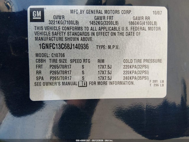 45091357 :رقم المزاد ، 1GNFC13C68J140936 vin ، 2008 Chevrolet Tahoe Ls مزاد بيع
