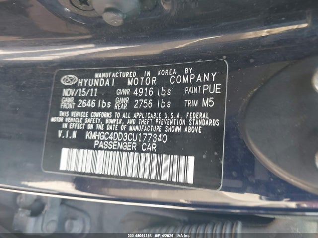 2012 Hyundai Genesis 3.8 მანქანა იყიდება აუქციონზე, vin: KMHGC4DD3CU177340, აუქციონის ნომერი: 45091358
