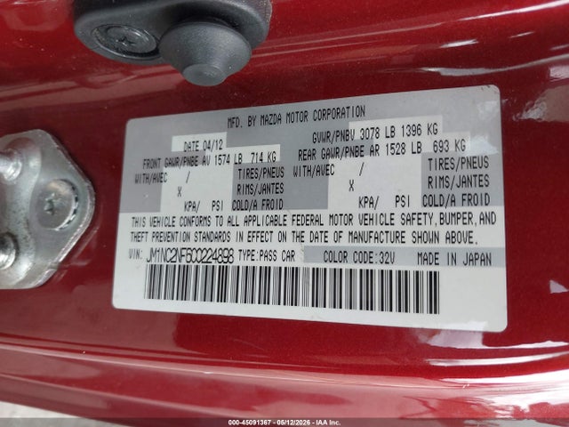 2012 Mazda Mx-5 Miata Grand Touring მანქანა იყიდება აუქციონზე, vin: JM1NC2NF6C0224898, აუქციონის ნომერი: 45091367