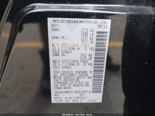 Aukcja sprzedaży 2015 Nissan Pathfinder Platinum, vin: 5N1AR2MM3FC601974, numer aukcji: 45091377