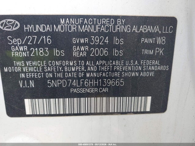 Продаж на аукціоні авто 2017 Hyundai Elantra Se, vin: 5NPD74LF6HH139665, номер лоту: 45091379