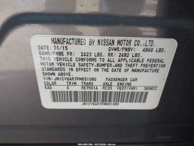 45091396 :رقم المزاد ، JN1CV6AR7FM651080 vin ، 2015 Infiniti Q40 مزاد بيع