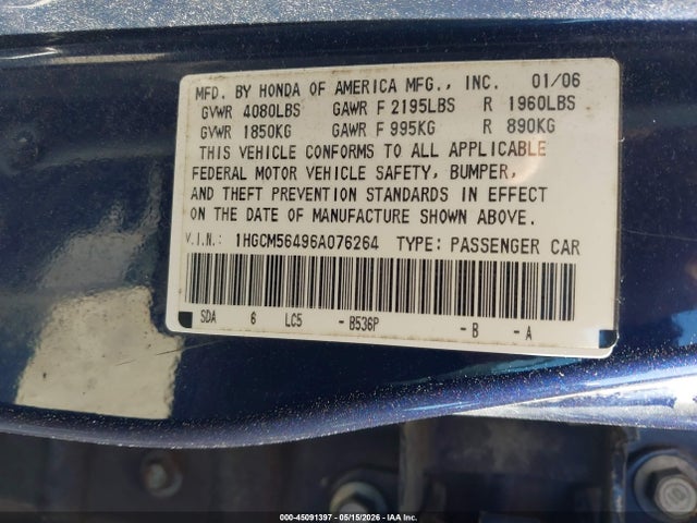 Aukcja sprzedaży 2006 Honda Accord 2.4 Lx, vin: 1HGCM56496A076264, numer aukcji: 45091397