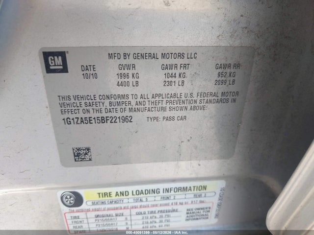 45091399 :رقم المزاد ، 1G1ZA5E15BF221962 vin ، 2011 Chevrolet Malibu Ls مزاد بيع