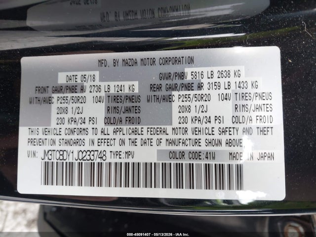Aukcja sprzedaży 2018 Mazda Cx-9 Grand Touring, vin: JM3TCBDY1J0233748, numer aukcji: 45091407