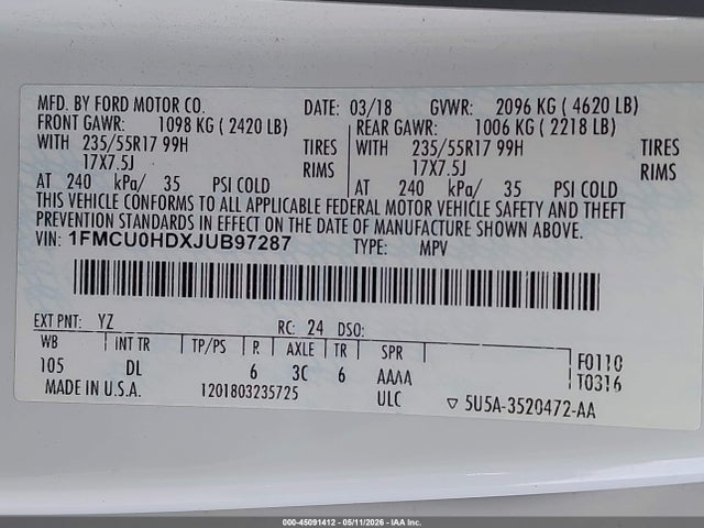 Продажа на аукционе авто 2018 Ford Escape Sel, vin: 1FMCU0HDXJUB97287, номер лота: 45091412