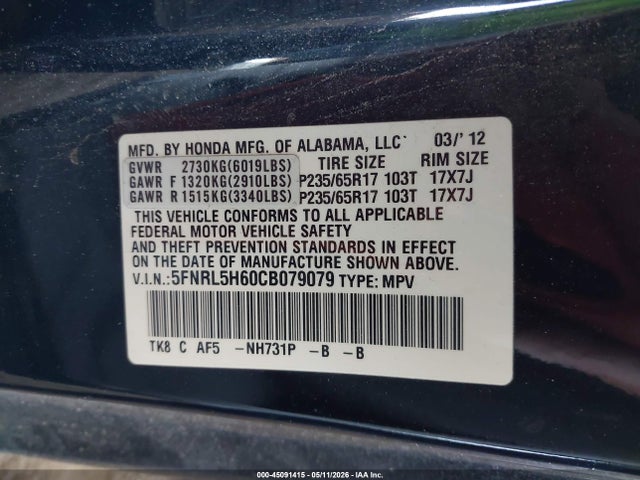 45091415 :رقم المزاد ، 5FNRL5H60CB079079 vin ، 2012 Honda Odyssey Ex-l مزاد بيع