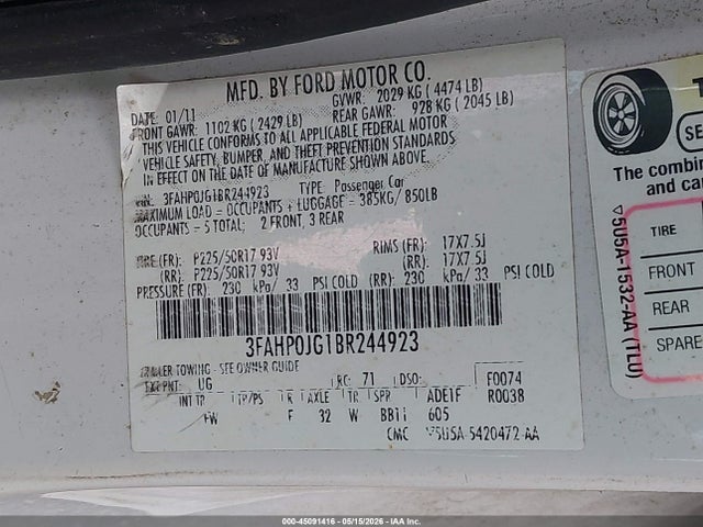 Продажа на аукционе авто 2011 Ford Fusion Sel, vin: 3FAHP0JG1BR244923, номер лота: 45091416