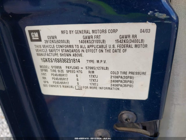 Продаж на аукціоні авто 2003 Gmc Envoy Xl Sle, vin: 1GKES16S636231814, номер лоту: 45091418