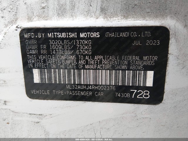 45091420 :رقم المزاد ، ML32AUHJ4RH002376 vin ، 2024 Mitsubishi Mirage Es مزاد بيع