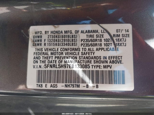 45091423 :رقم المزاد ، 5FNRL5H97EB133085 vin ، 2014 Honda Odyssey Touring/touring Elite مزاد بيع