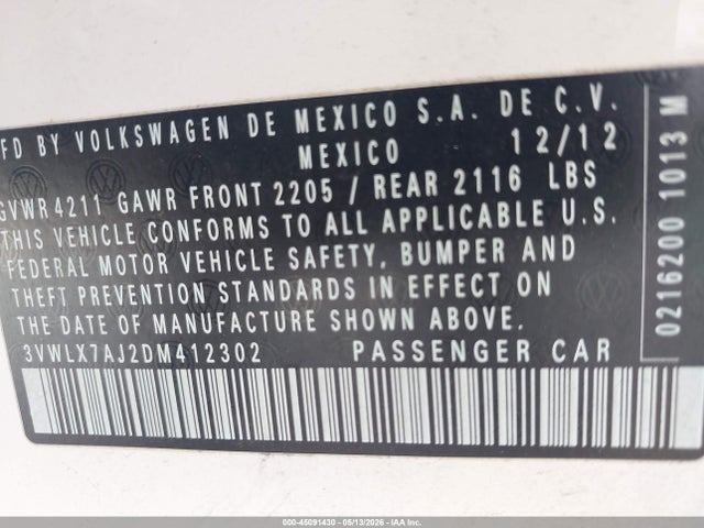 Продаж на аукціоні авто 2013 Volkswagen Jetta 2.5l Sel, vin: 3VWLX7AJ2DM412302, номер лоту: 45091430
