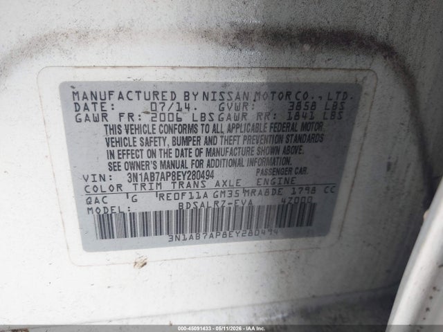 45091433 :رقم المزاد ، 3N1AB7AP8EY280494 vin ، 2014 Nissan Sentra Sr مزاد بيع