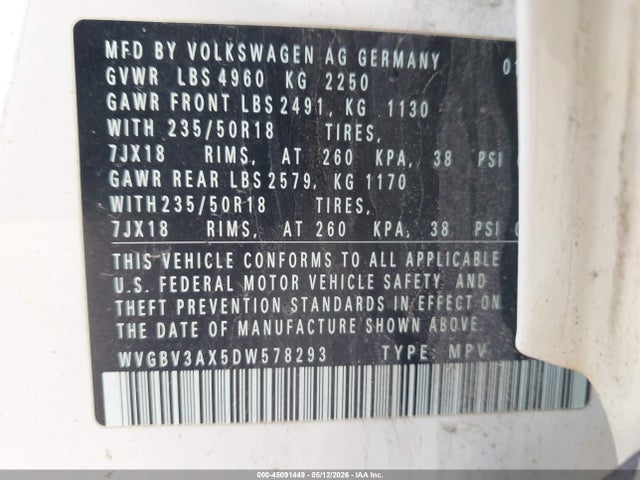 2013 Volkswagen Tiguan Se მანქანა იყიდება აუქციონზე, vin: WVGBV3AX5DW578293, აუქციონის ნომერი: 45091449