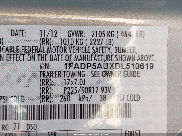 2013 Ford C-max Hybrid Se მანქანა იყიდება აუქციონზე, vin: 1FADP5AUXDL510619, აუქციონის ნომერი: 45091466
