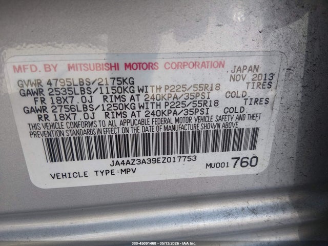 Aukcja sprzedaży 2014 Mitsubishi Outlander Se, vin: JA4AZ3A39EZ017753, numer aukcji: 45091468