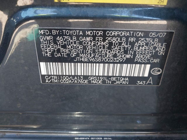 Aukcja sprzedaży 2007 Lexus Gs 350, vin: JTHBE96S870023297, numer aukcji: 45091474