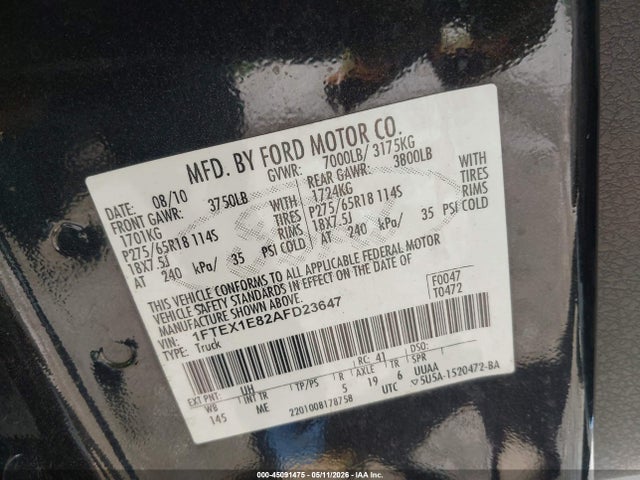Aukcja sprzedaży 2010 Ford F-150 Stx/xl/xlt, vin: 1FTEX1E82AFD23647, numer aukcji: 45091475