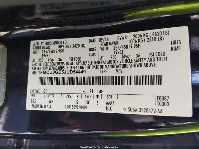 Aukcja sprzedaży 2018 Ford Escape Se, vin: 1FMCU0GD5JUD54449, numer aukcji: 45091476