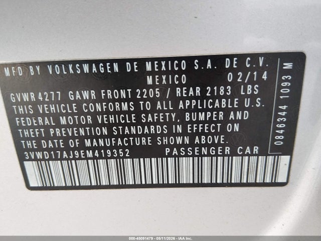 45091479 :رقم المزاد ، 3VWD17AJ9EM419352 vin ، 2014 Volkswagen Jetta 1.8t Se مزاد بيع