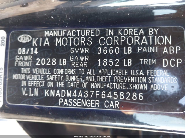 2015 Kia Rio Lx მანქანა იყიდება აუქციონზე, vin: KNADM4A37F6458286, აუქციონის ნომერი: 45091480
