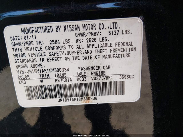 Продаж на аукціоні авто 2012 Infiniti M37x, vin: JN1BY1AR1CM390336, номер лоту: 45091483