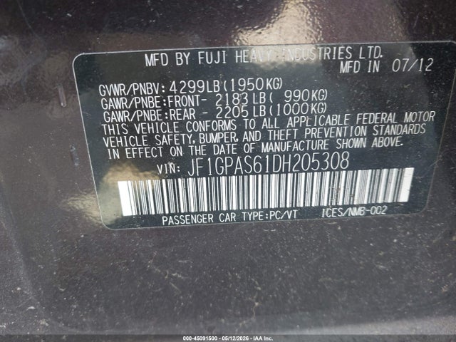 Продаж на аукціоні авто 2013 Subaru Impreza 2.0i Sport Limited, vin: JF1GPAS61DH205308, номер лоту: 45091500
