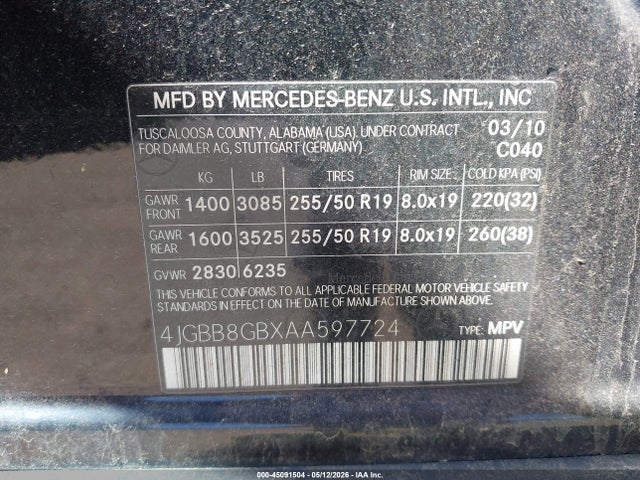 45091504 :رقم المزاد ، 4JGBB8GBXAA597724 vin ، 2010 Mercedes-benz Ml 350 4matic مزاد بيع
