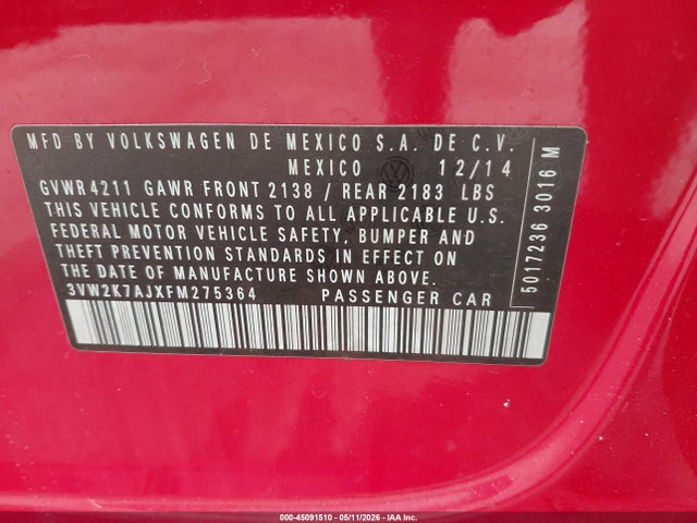 45091510 :رقم المزاد ، 3VW2K7AJXFM275364 vin ، 2015 Volkswagen Jetta 2.0l S مزاد بيع