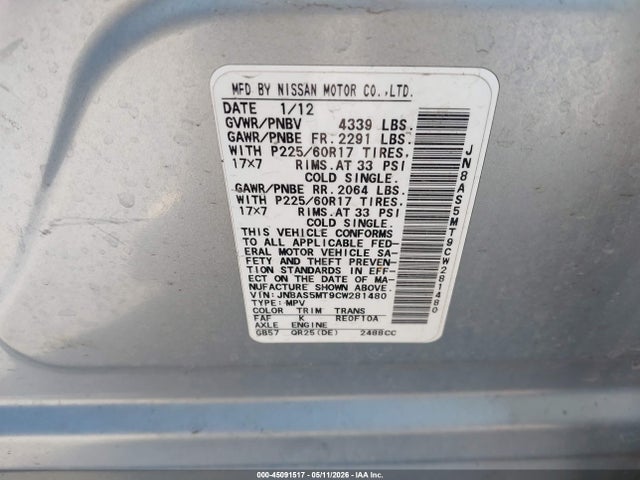 Aukcja sprzedaży 2012 Nissan Rogue Sv, vin: JN8AS5MT9CW281480, numer aukcji: 45091517