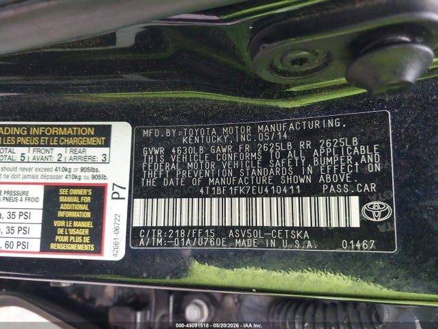 2014 Toyota Camry Se მანქანა იყიდება აუქციონზე, vin: 4T1BF1FK7EU410411, აუქციონის ნომერი: 45091518