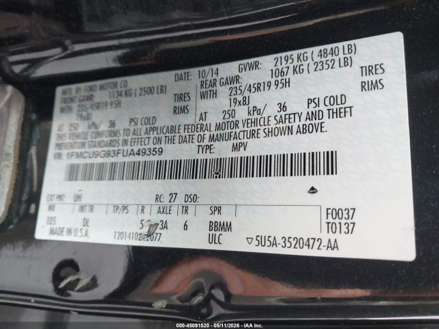 2015 Ford Escape Se მანქანა იყიდება აუქციონზე, vin: 1FMCU9G93FUA49359, აუქციონის ნომერი: 45091520